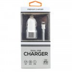 Wholesale IOS Lightning iPhone, iPad, Airpods 2.4A Dual 2 Port Car Vehicle Charger 2in1 with 3FT USB Cable (Car - White)